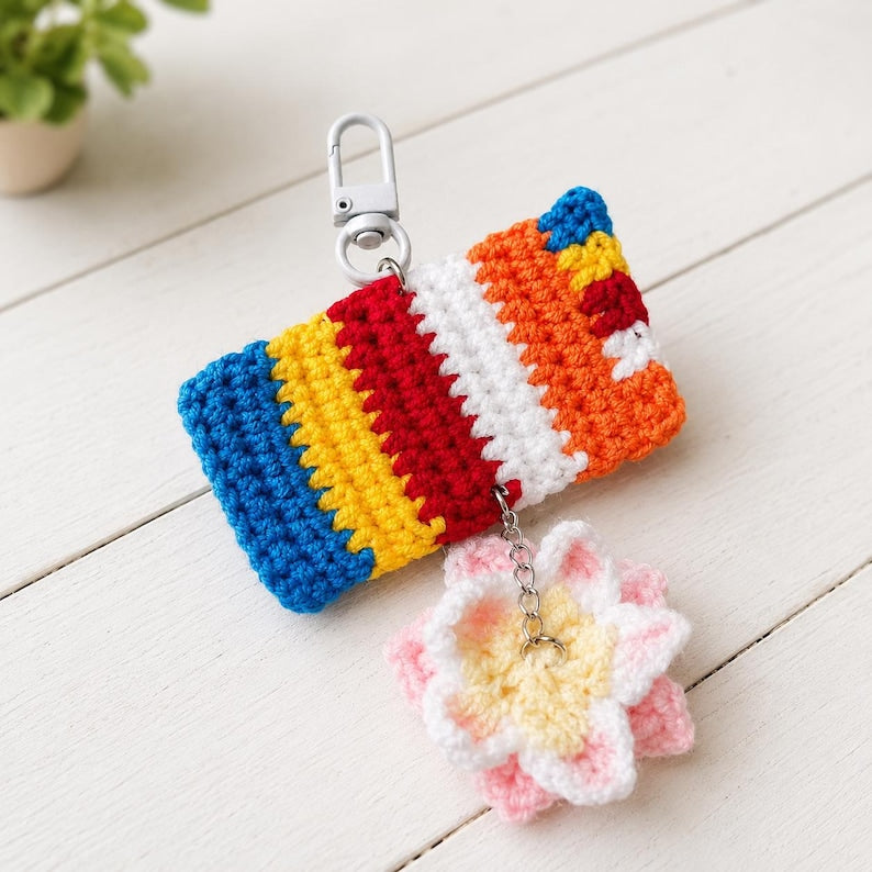Buddhist Flag Crochet Bag Charm | Handmade Lotus Flower Keychain, Spiritual Buddhist Gift, Temple Gift, Mindfulness Bag Charm