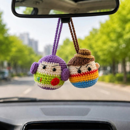 Space Ranger & Cowboy Crochet Car Hanging | Cartoon Amigurumi Charm | Rearview Mirror Charm, Toy Movie Inspired Gift