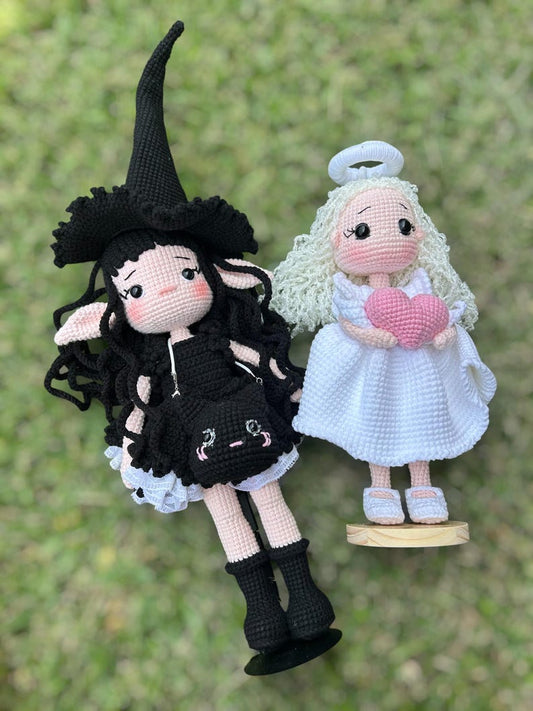 Crochet Angel Girl & Black Witch - Handmade Amigurumi Decor
