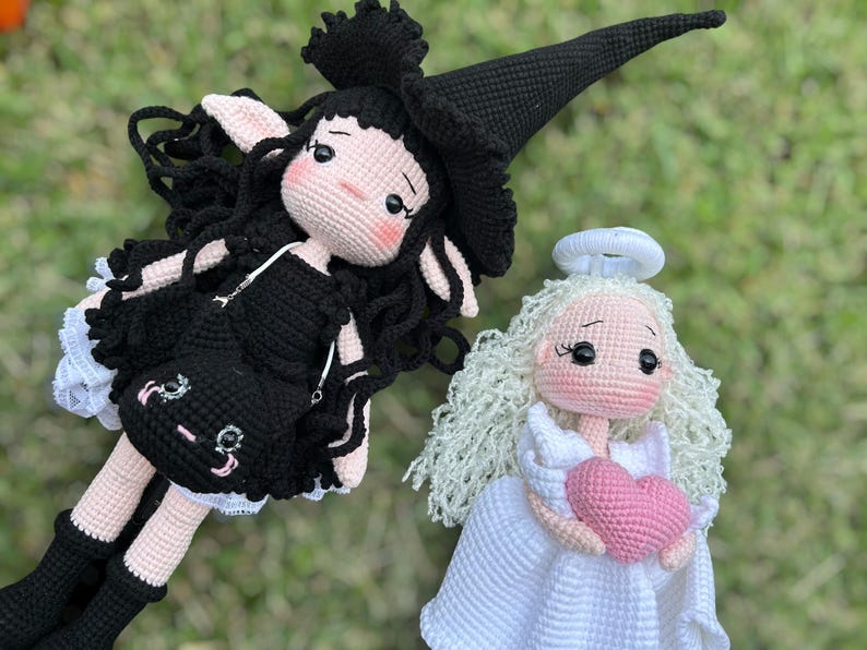Crochet Angel Girl & Black Witch - Handmade Amigurumi Decor