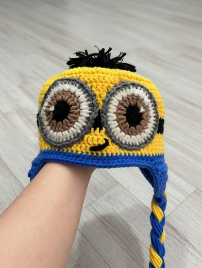 Funny Yellow Buddy Crochet Earflap Hat | Handmade Character Beanie with Braided Tassels, Cute Winter Hat, Cartoon Costume Gift