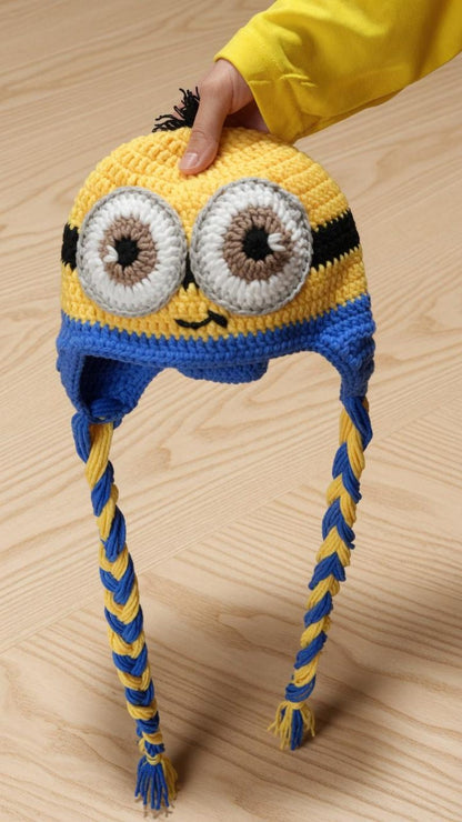 Funny Yellow Buddy Crochet Earflap Hat | Handmade Character Beanie with Braided Tassels, Cute Winter Hat, Cartoon Costume Gift