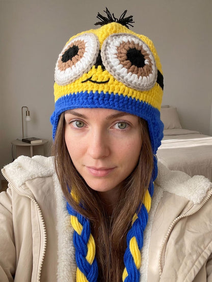 Funny Yellow Buddy Crochet Earflap Hat | Handmade Character Beanie with Braided Tassels, Cute Winter Hat, Cartoon Costume Gift