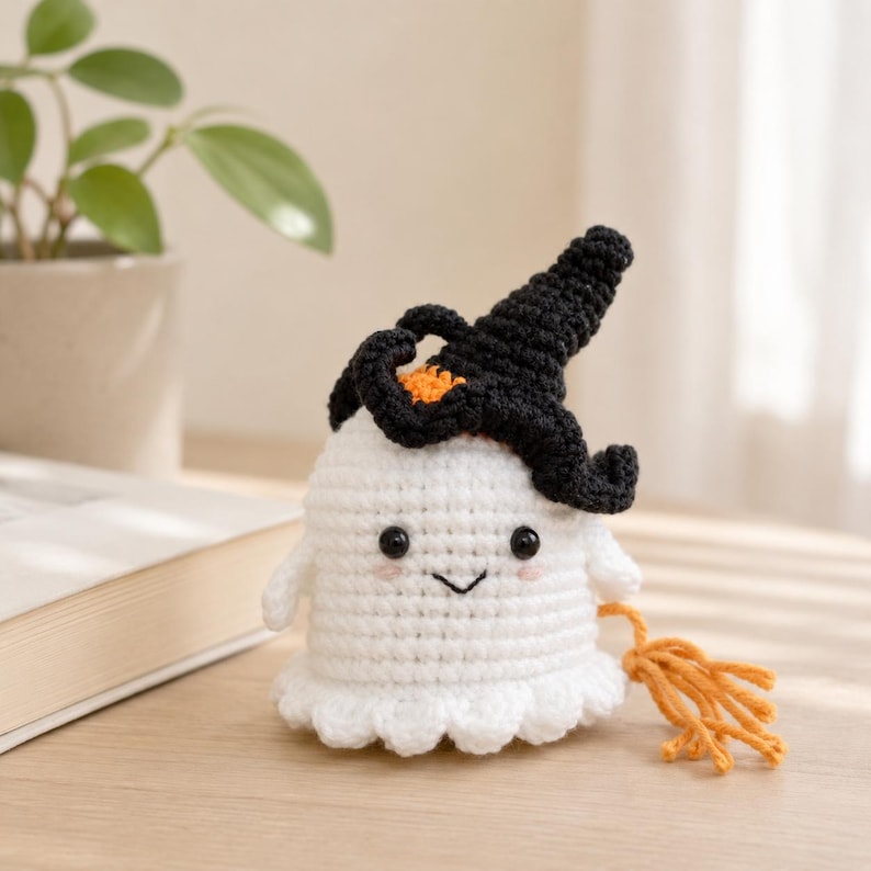 Halloween Ghost Crochet Charm | Little Witch Amigurumi Keychain | Cute Handmade Desk Decor Gift