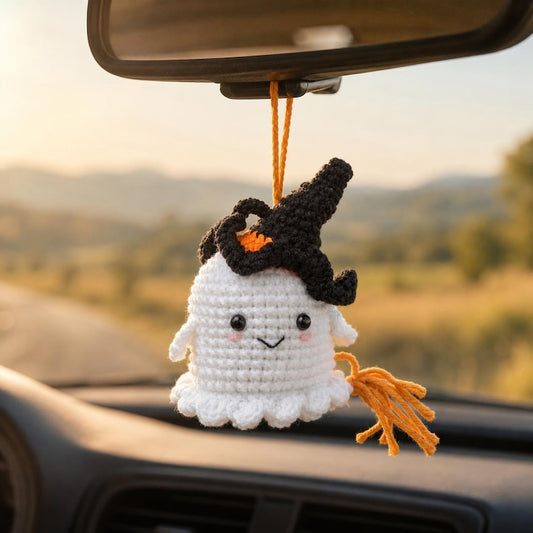 Halloween Ghost Crochet Charm | Little Witch Amigurumi Keychain | Cute Handmade Desk Decor Gift