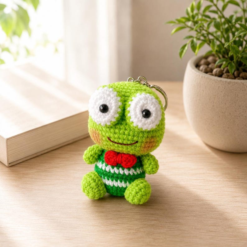 Big Eyed Crochet Frog Keychain | Handmade Amigurumi Keyring | Cute Desk Decor and Gift