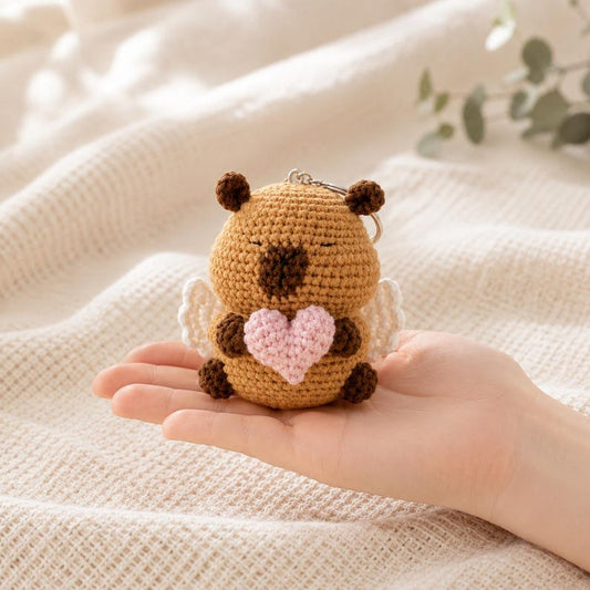 Crochet Capybara Keychain with Heart, Handmade Animal Bag Charm