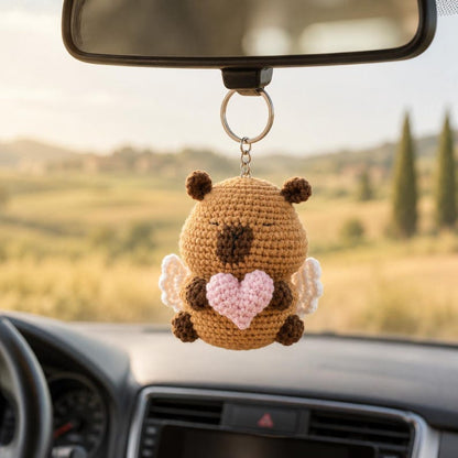 Crochet Capybara Keychain with Heart, Handmade Animal Bag Charm