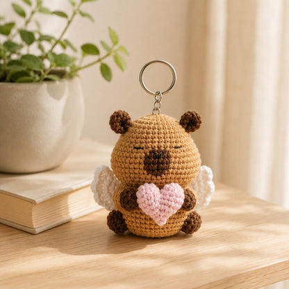 Crochet Capybara Keychain with Heart, Handmade Animal Bag Charm