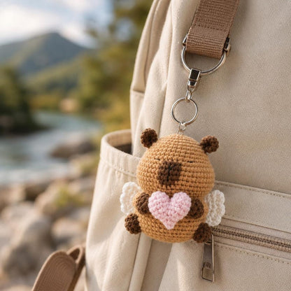 Crochet Capybara Keychain with Heart, Handmade Animal Bag Charm