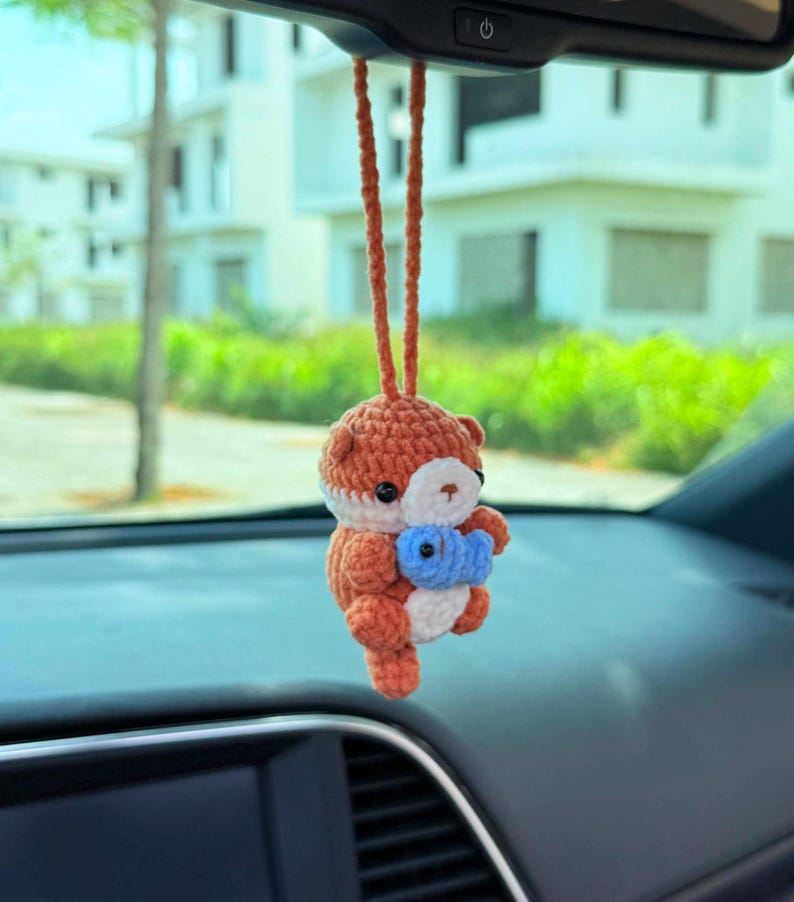 Cute Otter With Fish Car Mirror Hanging Accessories, Crochet Otter Ornaments, New Car Gift Idea, Gift For Her, Car Decorations, Car Charm