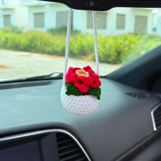 Crochet Poinsettia Plant Car Mirror Hanging, Plant Lover Decor, House Plant Decor, Crochet Poinsettia Basket, Car Accessories For Women