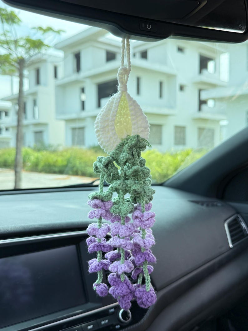Crochet Wisteria Hanging Basket, Handmade Plant Decor, Cozy Car Hanging, Housewarming Gift, Cute Gift For Her