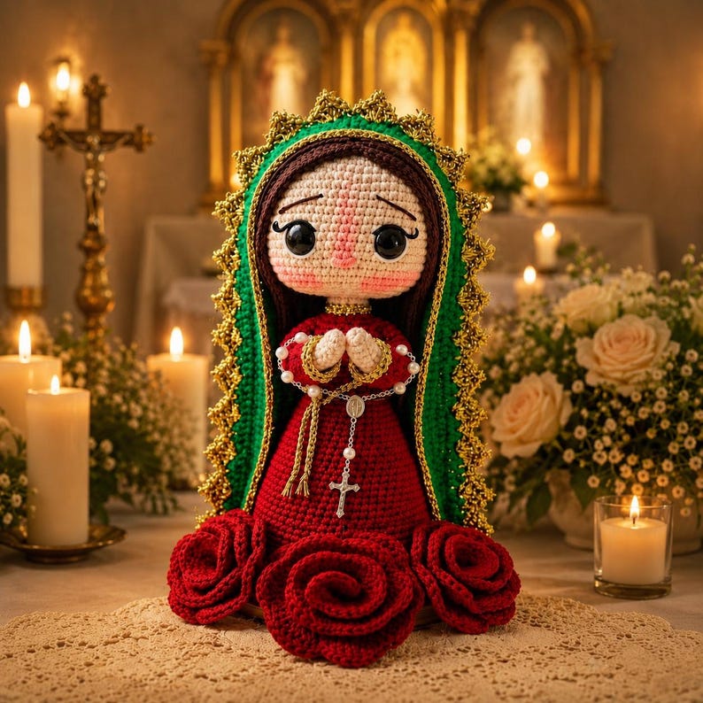 Our Lady of Guadalupe Crochet Doll - Virgin Mary Amigurumi Handmade Catholic Statue Home Altar Decor