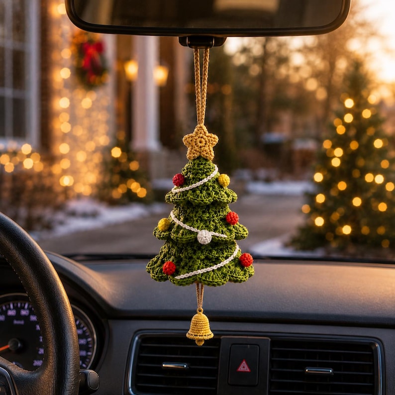 Crochet Christmas Tree Car Mirror Hanging Accessories, Amigurumi Car Decor, Rearview Mirror Charm, Holiday Auto Ornament Gift