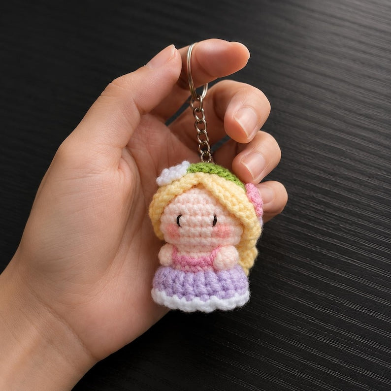 Long Blonde Hair Princess Crochet Keychain, Cartoon Amigurumi Doll, Golden Hair Fantasy Princess, Tower Girl, Gift for Her, Bag Charm