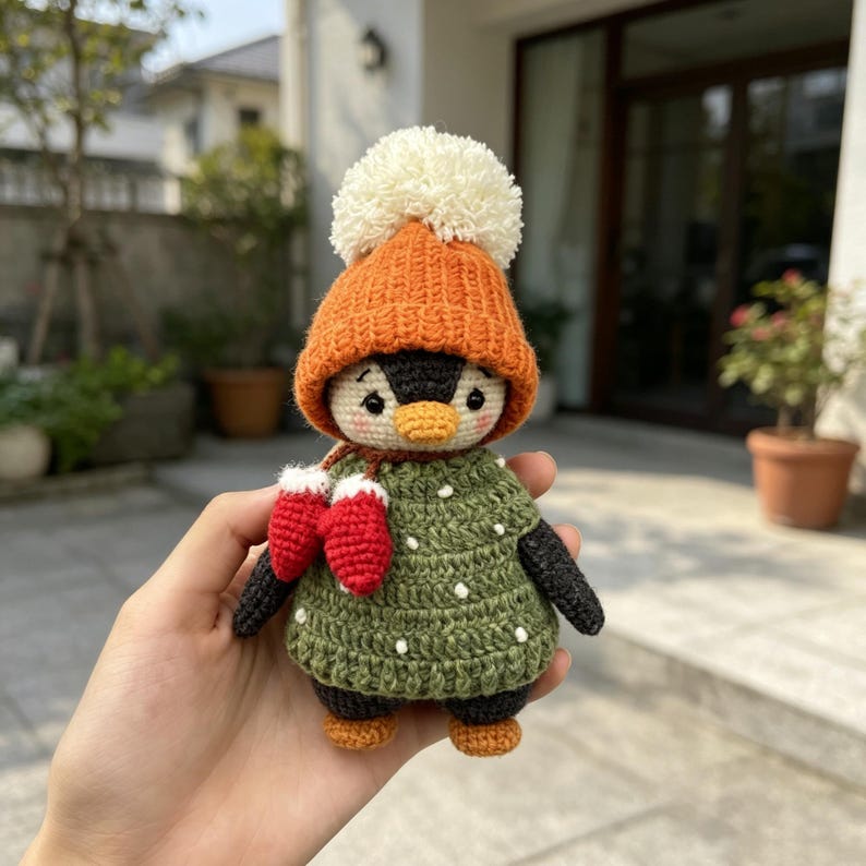 Hand Knit Winter Penguin Figurines Desktop Embellishments Vintage Curios Toddler Tokens Gathering Surprises Christmas Holiday Trinkets