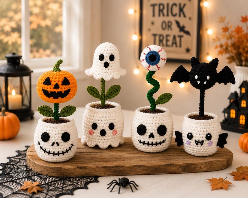 Halloween Crochet Plant Pot Set,Ghost Pumpkin Bat Eyeball Decor,Handmade Amigurumi Desk Decoration,Cute Fall Home Decor Gift,Fall Home Gift