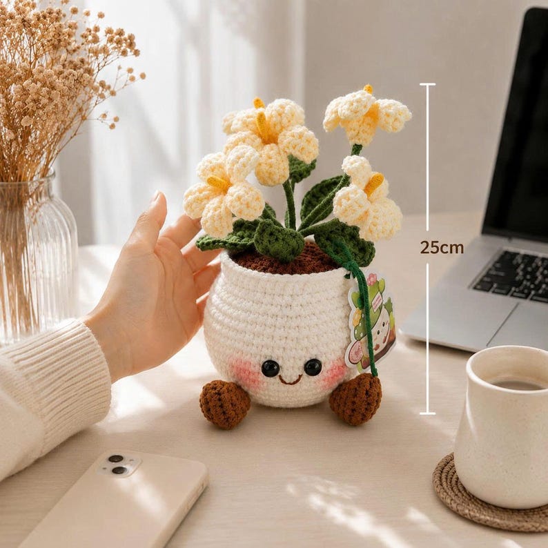 Crochet Flower Pot | Handmade Amigurumi Plant Decor | Cute Desk Decor Gift | Crochet Flower Arrangement | Gift for Her