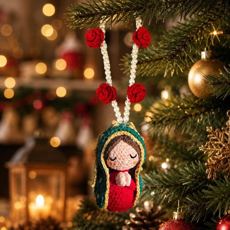 Crochet Virgin Mary Ornament, Catholic Christmas Tree Decor, Floral Religious Hanging, Handmade Guadalupe Gift, Christian Holiday Decoration