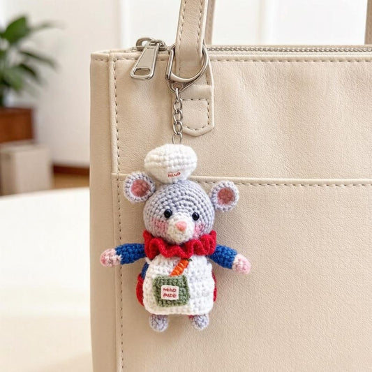Artisan knit chef rodent sculpted pieces, rucksack hanging trinkets, hobbyist mementos, juvenile souvenirs, Yuletide household accents