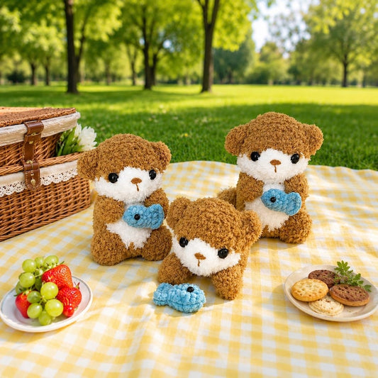 Handmade Crochet Otter Plush Holding Fish, Amigurumi Stuffed Animal Toy