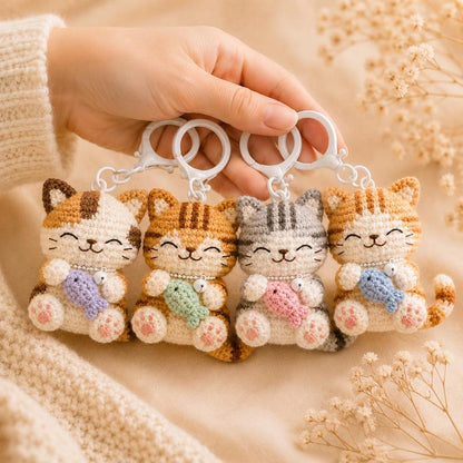 Crochet Cat Keychain – Handmade Amigurumi Cat Keyring, Cute Plush Keychain, Kawaii Bag Charm, Mini Crochet Animal Keychain