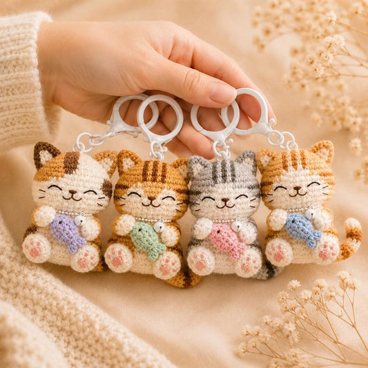 Crochet Cat Keychain – Handmade Amigurumi Cat Keyring, Cute Plush Keychain, Kawaii Bag Charm, Mini Crochet Animal Keychain