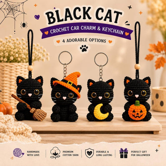 Halloween Black Cat Crochet Keychain, Car Charm, Handmade Amigurumi Black Cat, Cute Witch Cat Gift, Pumpkin Moon Broom Charm, Halloween Gift