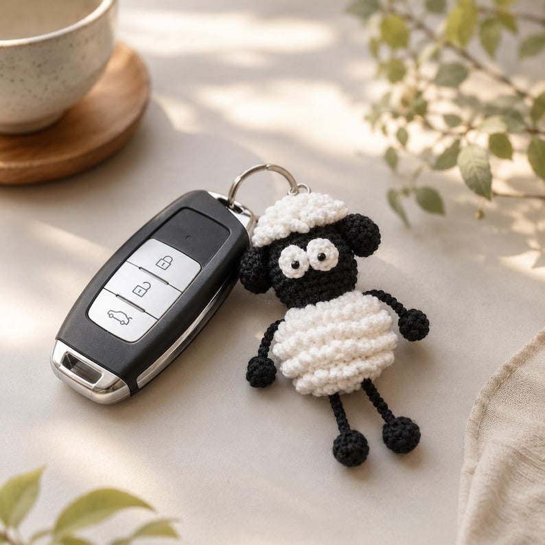 Crochet Black Sheep Charm | Amigurumi Car Mirror Hanger | Cute Handmade Bag Charm | Sheep Gift for Her