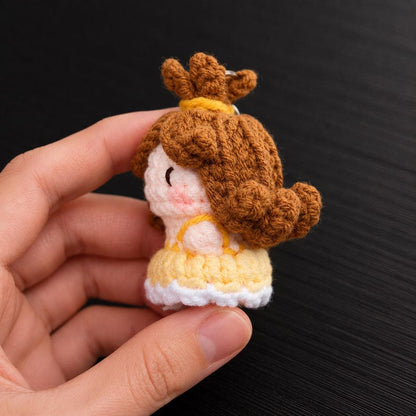 Yellow Dress Princess Crochet Keychain | Handmade Amigurumi Fairytale Brown Hair Princess, Enchanted Rose Girl, Cute Gift for Her