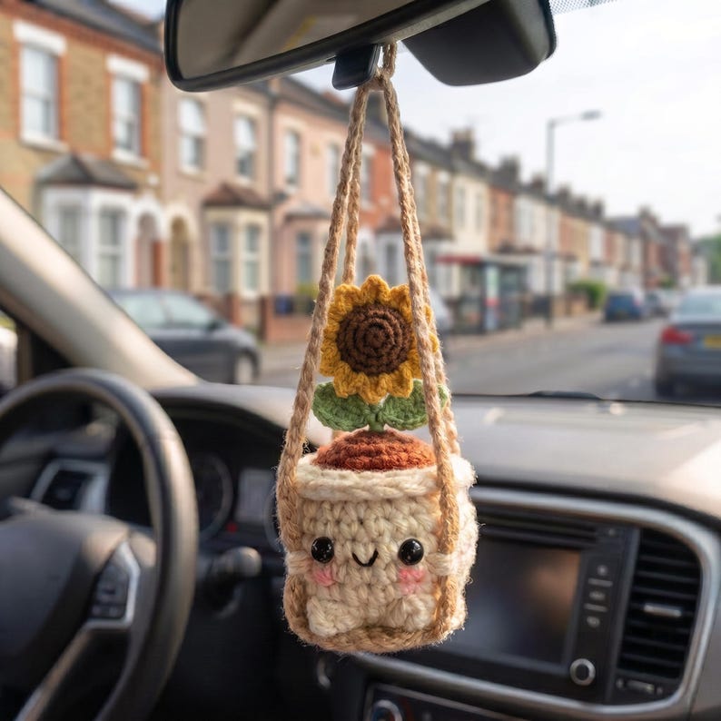 Handmade Crochet Car Mirror Charm, Cute Sprout Plant Hanging Decoration