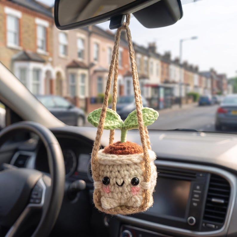 Handmade Crochet Car Mirror Charm, Cute Sprout Plant Hanging Decoration