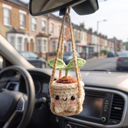 Handmade Crochet Car Mirror Charm, Cute Sprout Plant Hanging Decoration