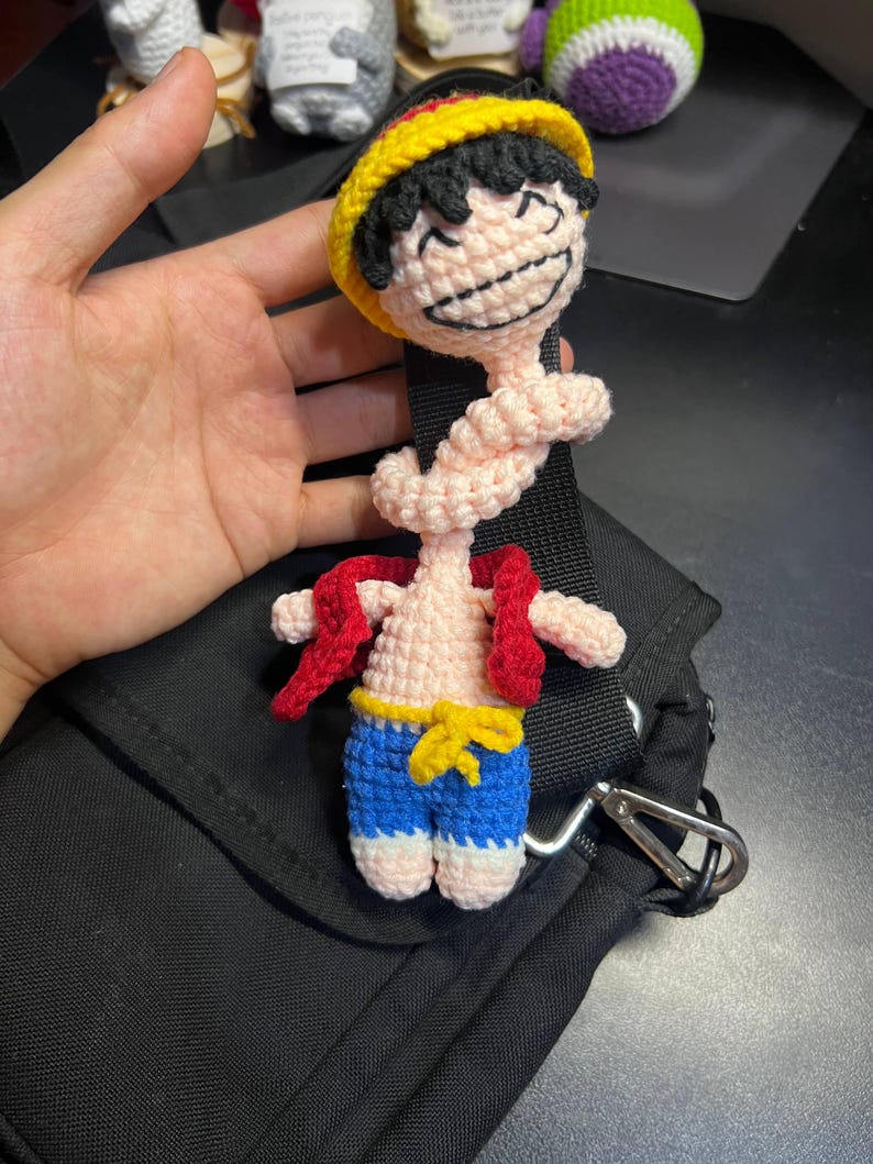 Straw Hat Boy Long Neck Crochet Keychain - Pirate Captain Amigurumi Doll, Anime Gift,