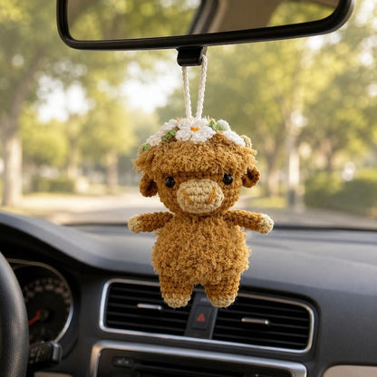 Crochet Highland Cow Car Charm, Fluffy Cow Rear View Mirror Accessory, Cute Animal Car Decor, Western Boho Auto Decor, Cow Lover Gift