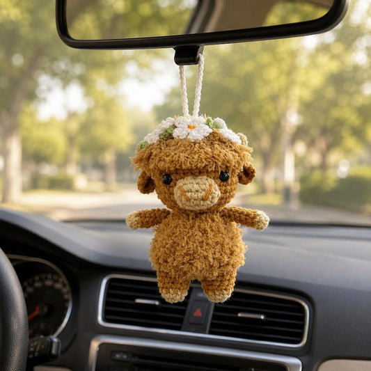 Crochet Highland Cow Car Charm, Fluffy Cow Rear View Mirror Accessory, Cute Animal Car Decor, Western Boho Auto Decor, Cow Lover Gift