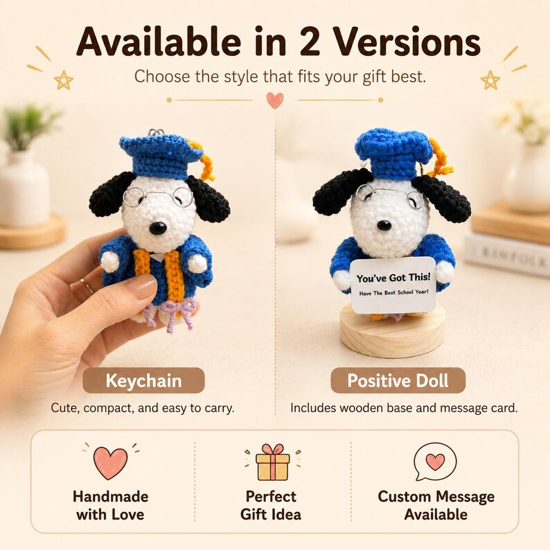 Custom Message Positive Crochet Plush | Back to School Motivational Gift from Parents, Encouraging Student Keychain