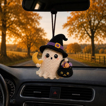 Crochet Halloween Ghost Car Charm, Cute Witch Ghost Keychain, Kawaii Spooky Ornament, Rearview Mirror Hanging Decor, Handmade Halloween Gift