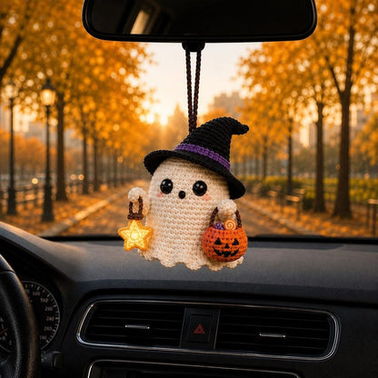 Crochet Halloween Ghost Car Charm, Cute Witch Ghost Keychain, Kawaii Spooky Ornament, Rearview Mirror Hanging Decor, Handmade Halloween Gift