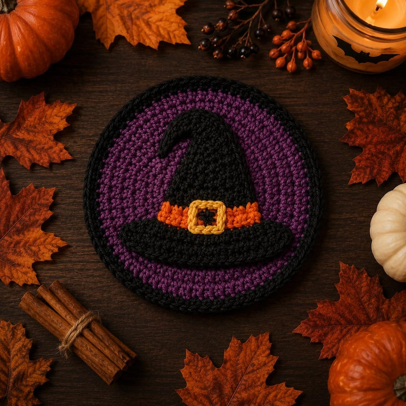 Halloween Crochet Coaster | Handmade Spooky Cup Mat, Cute Ghost Pumpkin Decor, Fall Table Gift