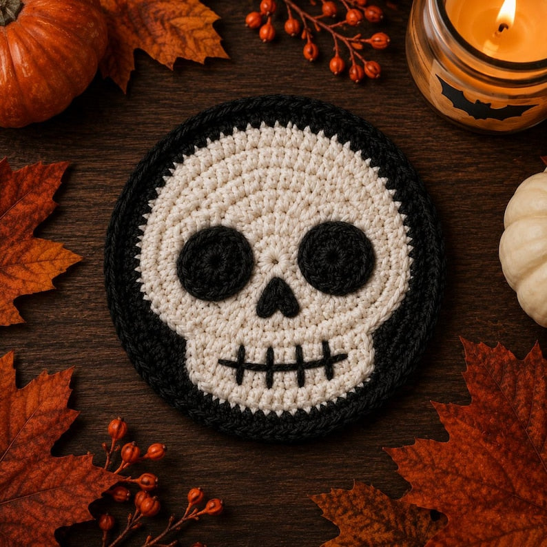 Halloween Crochet Coaster | Handmade Spooky Cup Mat, Cute Ghost Pumpkin Decor, Fall Table Gift