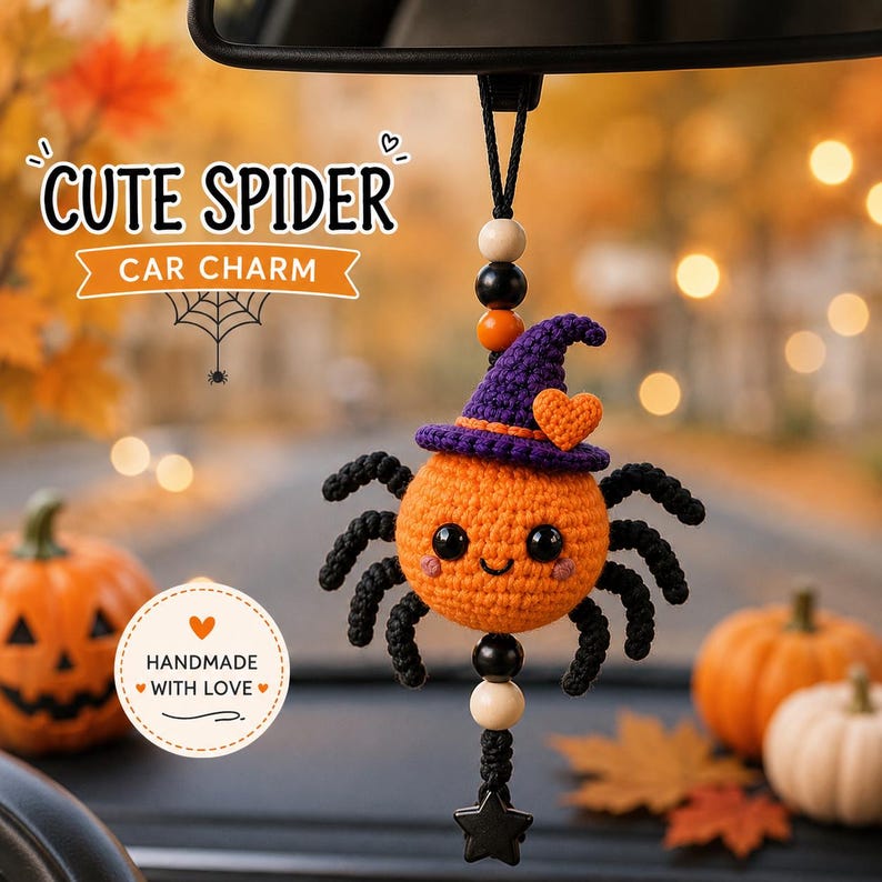 Halloween Crochet Spider Car Charm, Cute Spider Keychain, Witch Spider Rearview Mirror Hanging, Handmade Halloween Gift, Spooky Cute Decor