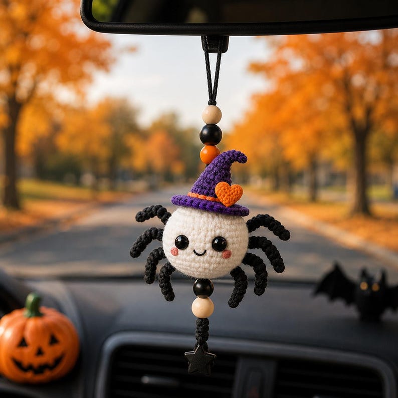 Halloween Crochet Spider Car Charm, Cute Spider Keychain, Witch Spider Rearview Mirror Hanging, Handmade Halloween Gift, Spooky Cute Decor