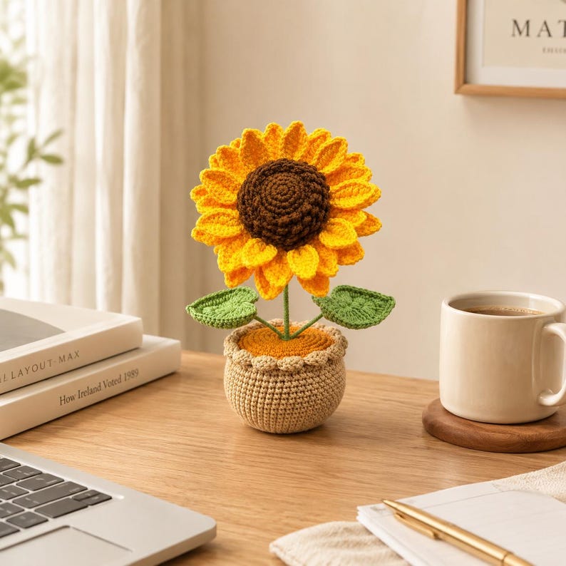 Crochet Sunflower Pot | Handmade Yarn Flower Gift | Cute Desk Decor for Her | Mini Crochet Plant
