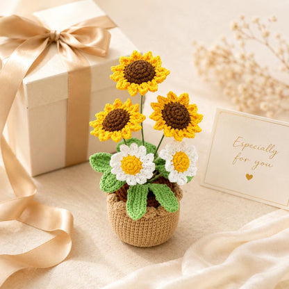 Crochet Sunflower Pot | Handmade Stuffed Yarn Flower Plant | Cute Desk Decor Gift for Her