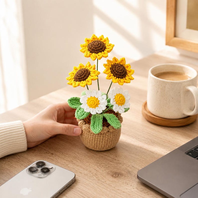 Crochet Sunflower Pot | Handmade Stuffed Yarn Flower Plant | Cute Desk Decor Gift for Her