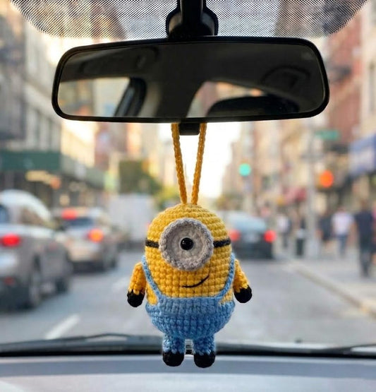 Yellow Buddy Crochet Car Mirror Charm | Handmade Amigurumi Car Hanging, Cute Rearview Decor, Car Accessory Gift for Him Her
