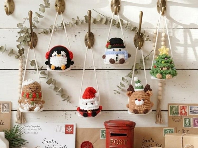 Crochet Christmas Car Ornament, Christmas Gifts, Handmade Snowman, Santa, Penguin, Grin, Crochet car hanging, Cute Grin Car Charm, Xmas Gift