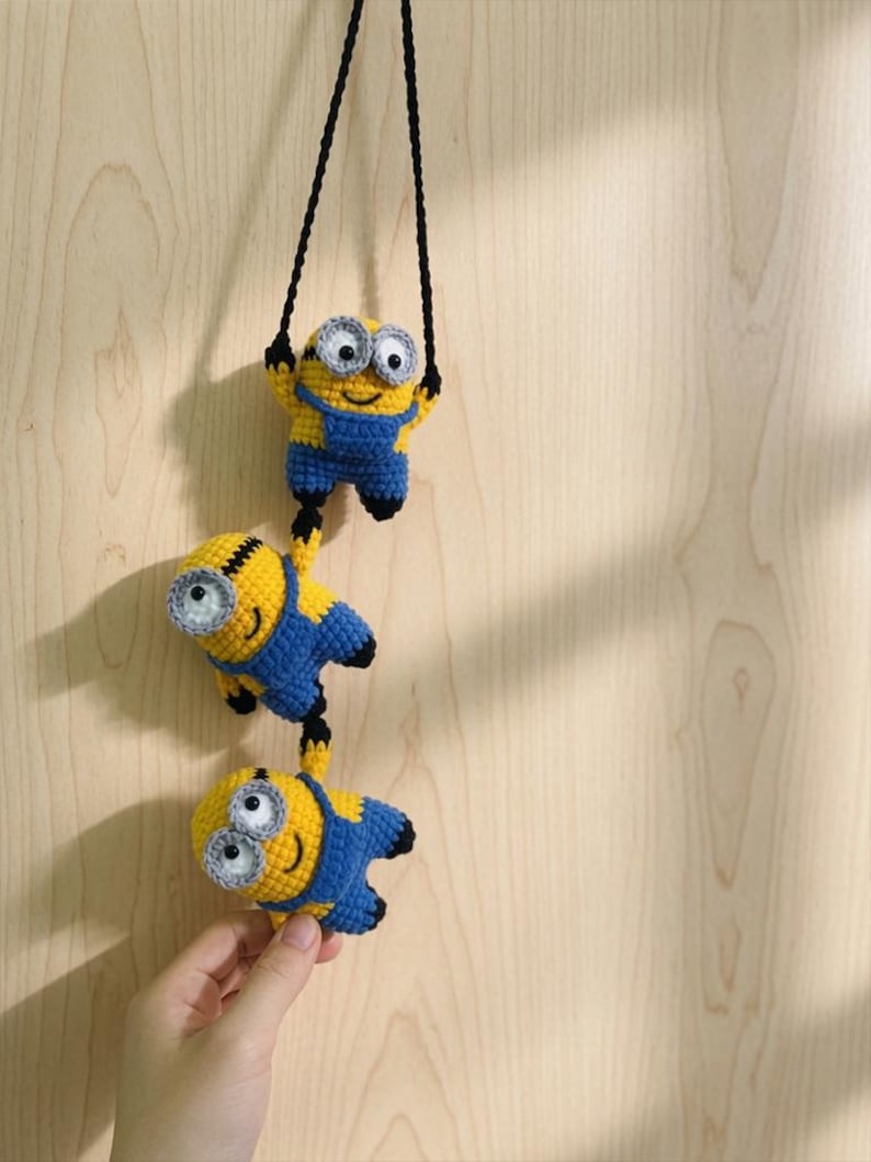 Funny Triple Yellow Buddies Crochet Car Mirror Hanging, Handmade Amigurumi Plush Charm, Rearview Decor